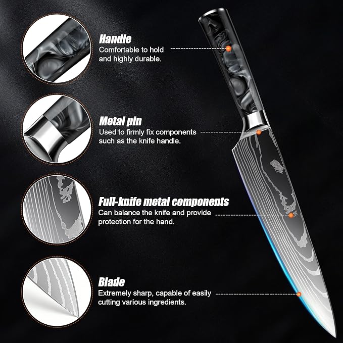 8-Piece Premium Japanese Kitchen Knife Set - Star Collection, Laser Damascus Pattern, 440A Stainless Steel Ultra Sharp for Fast Cutting (Black 8J)