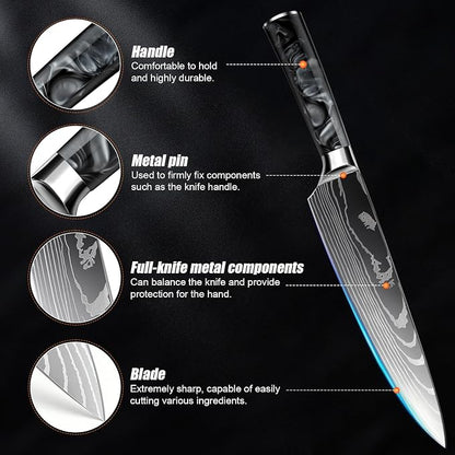 8-Piece Premium Japanese Kitchen Knife Set - Star Collection, Laser Damascus Pattern, 440A Stainless Steel Ultra Sharp for Fast Cutting (Black 8J)
