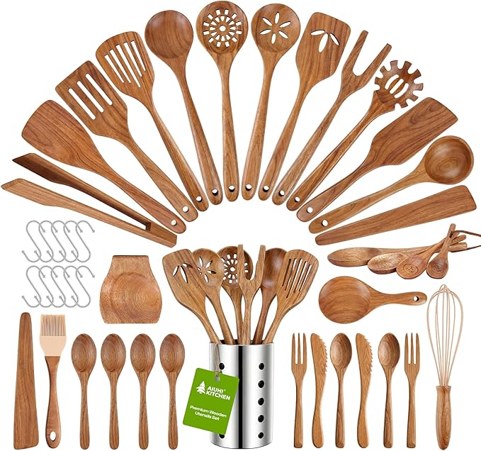 AIUHI Wooden Kitchen Utensil Set, Complete 33-Piece Wooden Cooking Utensil Set with Spoons, Spatulas, Measuring Tools & Storage, Non-Stick Safe Wooden Utensils for Kitchen