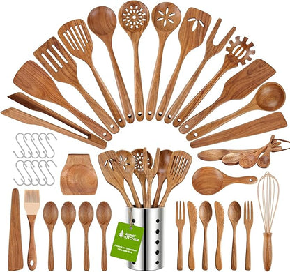 AIUHI Wooden Kitchen Utensil Set, Complete 33-Piece Wooden Cooking Utensil Set with Spoons, Spatulas, Measuring Tools & Storage, Non-Stick Safe Wooden Utensils for Kitchen