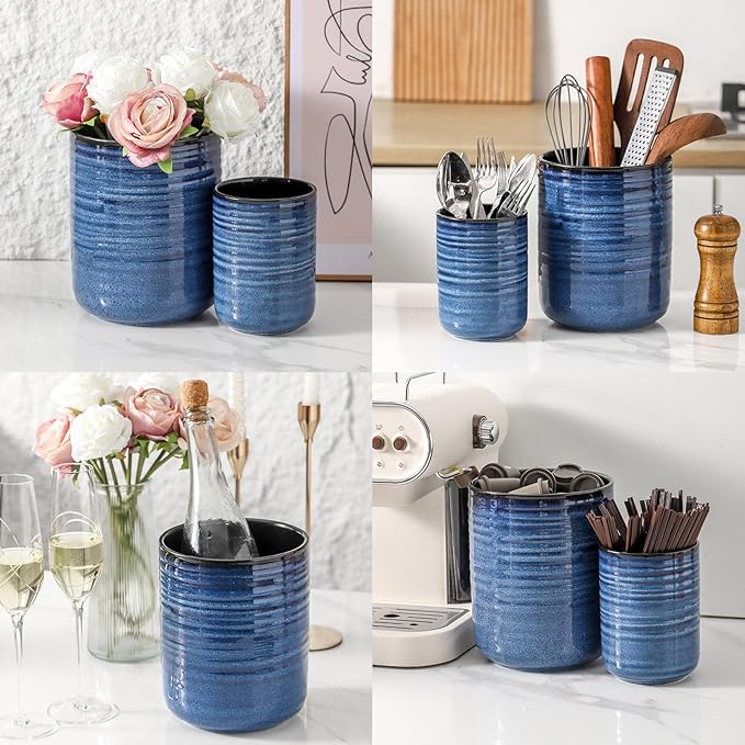 HASENSE Large Ceramic Utensil Holder, 7.4" Kitchen Utensil Crock for Countertop, Modern Farmhouse Utensil Organizer Caddy for Cooking Utensil Set, Blue Kitchen Decor
