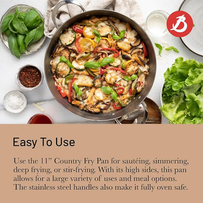 de Buyer MINERAL B Carbon Steel Country Fry Pan with Two Handles - 11” Diameter, 7.7” Cooking Surface - Ideal for Sauteing, Simmering, Deep & Stir Frying - Naturally Non-Stick Finish - Made in France