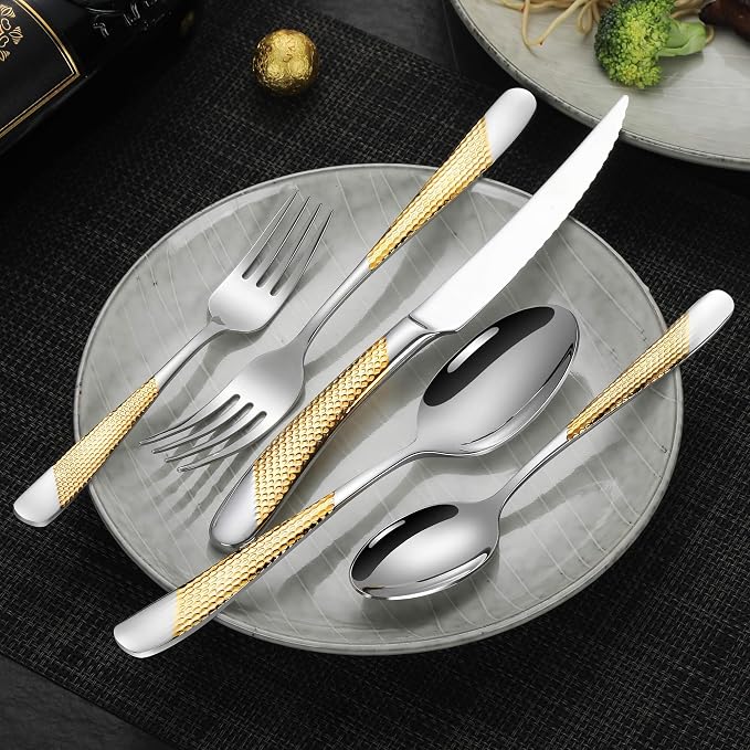Lemeya 40-Piece Hammered Silver Gold Silverware Set for 8,18/10 Stainless Steel Flatware Set with Serrated Forged Knives,Heavy Duty Cutlery Set for Home & Party,Mirror Polished, Dishwasher Safe