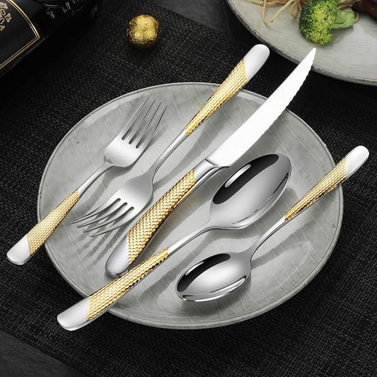 Lemeya 20-Piece Hammered Silver Gold Silverware Set for 4,18/10 Stainless Steel Flatware Set with Serrated Forged Knives,Heavy Duty Cutlery Set for Home & Party,Mirror Polished, Dishwasher Safe