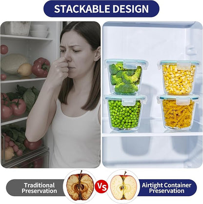 8 PCS Glass Meal Prep Containers with Lids, Airtight 3 Cup Glass Storage Containers Set, Round Deep Soup Containers with Lids for Leftover, Microwave, Dishwasher, and Freezer Safe (6pc)