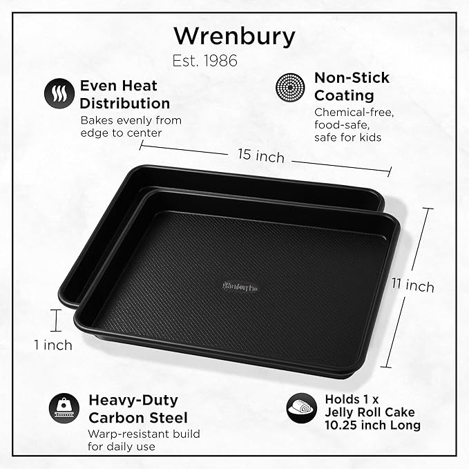 Wrenbury Jelly Roll Pan 15x10 Set of 2 - Non-Stick Baking Sheet, DuraQuartz Food Safe, Carbon Steel