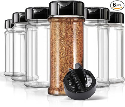 6 Pack 5.5 oz Round Plastic Spice Jars, Empty Seasoning Containers for Homemade Rub, Spices, Glitter, and More, Small Spice Containers with Black Shaker Lids and Heat-Induction Liner, Clear Spice Jars