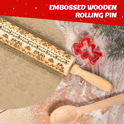 Stocking Stuffers Gifts for Women, Wooden Embossed Rolling Pin for Baking, Deep Engraved Embossing Rolling Pins with Christmas Elk Deer Pattern Designs for Baking Cookies Stamps Roller, DIY Tools