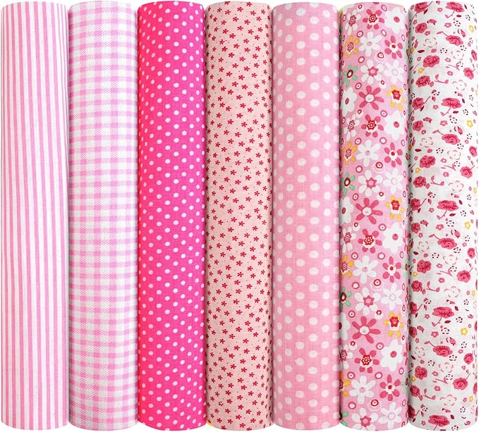 Ainiv 7pcs 100% Cotton Quilting Fabric Bundles, 19.68"x19.68" Fabric Bundles Squares, Floral Precut Squares Patchwork for Quilting, Sewing, DIY Crafts, Mask, Pink