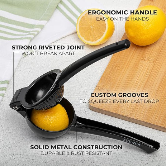 Zulay Premium Quality Metal Lemon Squeezer, Citrus Juicer, Manual Press for Extracting the Most Juice Possible - Black