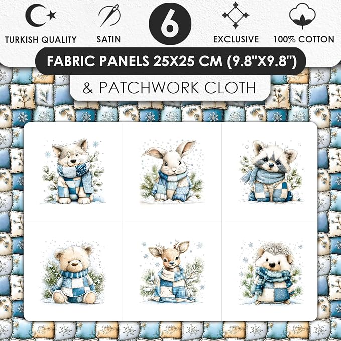 Winter Animals Patchwork Quilting Fabric Panel – 6× (10×10 inch) Blocks + Bonus Patchwork Sheet 29.5×19.6 inch, 100% Cotton 140 GSM, Cozy Blue & Cream Woodland Theme