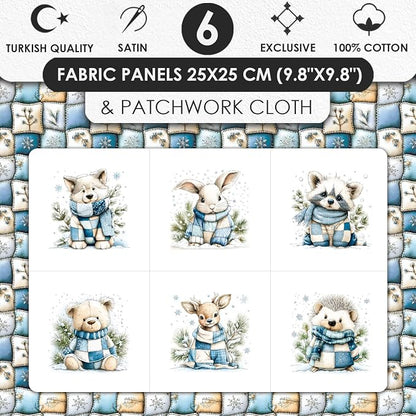 Winter Animals Patchwork Quilting Fabric Panel – 6× (10×10 inch) Blocks + Bonus Patchwork Sheet 29.5×19.6 inch, 100% Cotton 140 GSM, Cozy Blue & Cream Woodland Theme