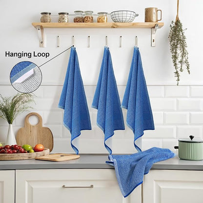 Mordimy Premium Kitchen Towels 8 Pack (18 x 28 Inches, Blueberry), Large Cotton Kitchen Hand Towel, Flat & Terry Dish Towels for Drying Dishes, Super Absorbent Tea Dishtowels Set with Hanging Loop