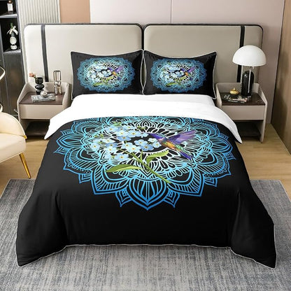 Castle Fairy Twin Size Duvet Cover Lotus Flower 100% Pure Cotton Bedding Set Bohemian Style Bedding Set Floral Hummingbird Comforter Cover for Room Decor 2 PCS(No Filler)