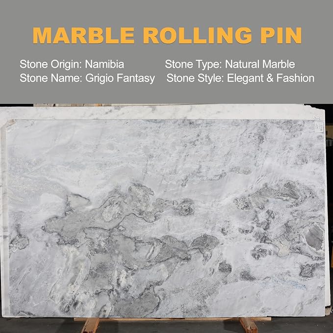 Koville African Natural Marble Rolling Pin, Non-Stick Polished Dough Roller, Pasta, Dumpling, Fondant, Pie Crust, Bread, Pizza Dough, Kitchen Baking Pastry Tools with Mat/Scraper(Grigio Fantasy)