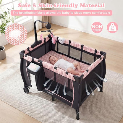 INFANS 3 in 1 Pack and Play, Portable Travel Baby Bassinet with Detachable Mattress, Changing Table, Foldable Playpen with Carry Bag, 2 Wheels (Pink Stripes)