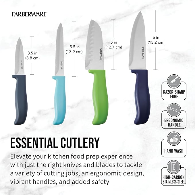 Farberware Chef Knife Set with Colorful Handles, Stainless Steel Blades with Blade Covers Included, Versatile Kitchen Knives, 4-Piece