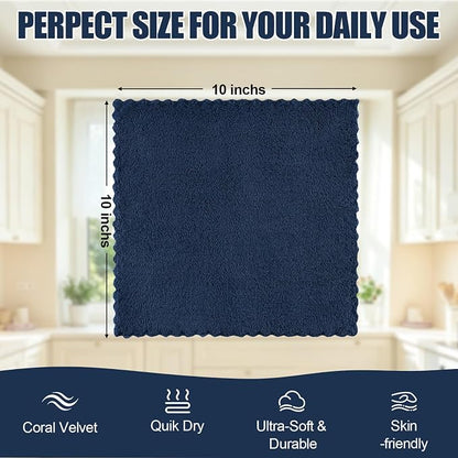 Kitinjoy 24 Pack Kitchen Cloths Dish Towels (10" x 10", Navy Blue), Super Soft and Absorbent Dish Cloths, Nonstick Oil Fast Drying Coral Velvet Microfiber Cleaning