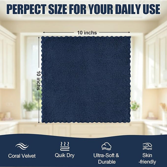 Kitinjoy 24 Pack Kitchen Cloths Dish Towels (10" x 10", Navy Blue), Super Soft and Absorbent Dish Cloths, Nonstick Oil Fast Drying Coral Velvet Microfiber Cleaning