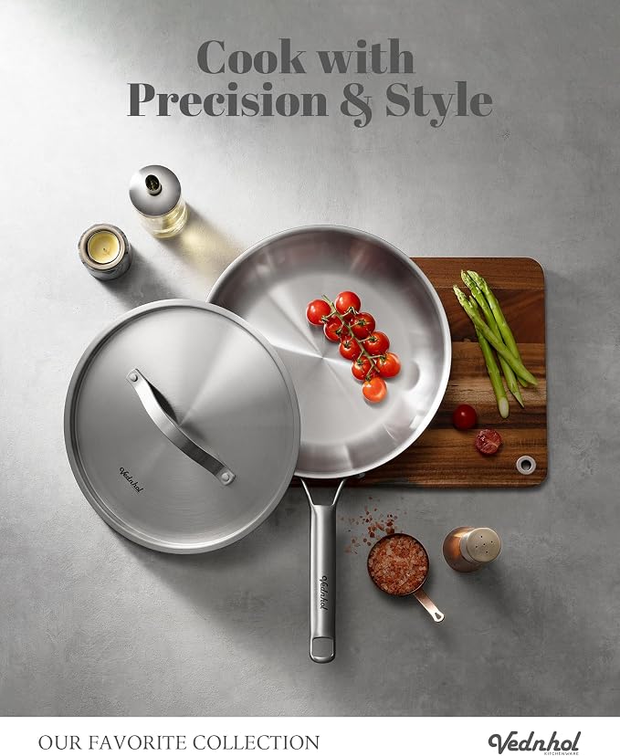 Stainless Steel Frying Pan Set with Lids 8+10+12 Inch,Tri-Ply Stainless Steel Skillets,Brushed Steel Pans with Stainless Steel Lids,Oven&Dishwasher Safe,Induction Compatible