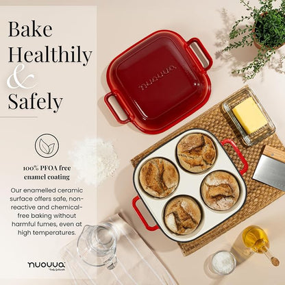 QuadPro Enamelled Cast Iron Bread Loaf Pot – Dutch Oven for Sourdough Bread Baking – 500°F Oven Safe Non Stick Bread Pot – 4 Round Loaf Spaces (4.90-inch Diameter), Red – by Nuovva