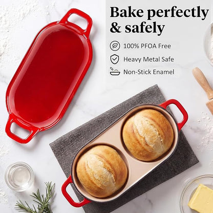 Enameled Cast Iron Dutch Oven Bread Baking, Sourdough Bread Pot with Lid, Double Round Nonstick Loaf Pan for Homemade Bread, Oven Safe to 500°F, 16.5cm Diameter, Red