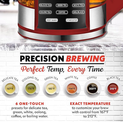 Gourmia Electric Glass Kettle – 1.7L Programmable Tea & Coffee Brewer with Digital Touch Display, 6 Presets, Removable Stainless Steel Infuser, Cordless with 360° Swivel Base, Red