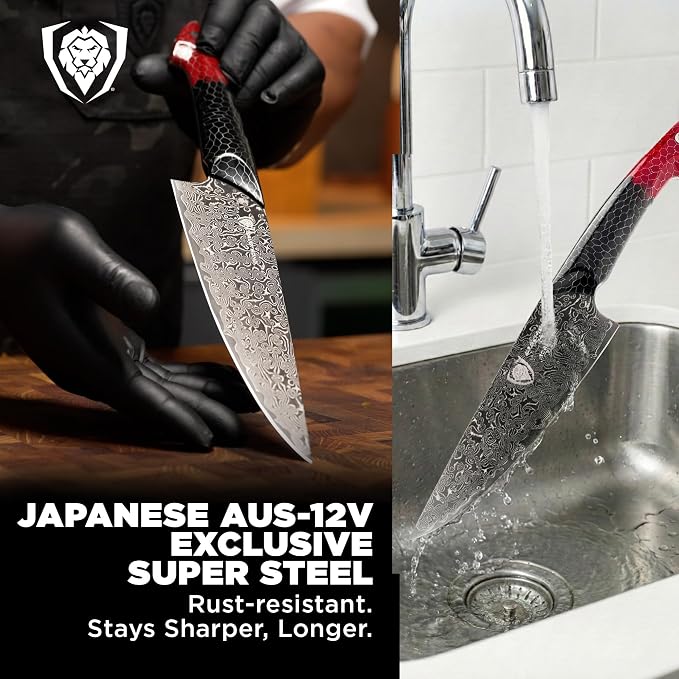 Dalstrong Chef Knife - 8 inch Blade - AUS-12V Exclusive Japanese Steel - Black Damascus Full Tang - Honeycomb Handle - Chef's Knife - Scorpion Series - Razor Sharp Kitchen - Leather Sheath