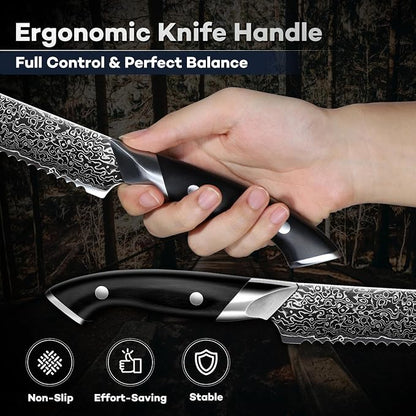 DRAGON RIOT 8 Inch Bread Knife with Damascus Pattern, VG10 Steel Core, High Carbon Stainless Steel Serrated Blade, Ergonomic Curved Handle, Easy to Clean, Kitchen & Baking Gift