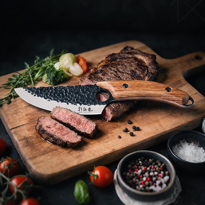 HAMMER IRON ALLEY Japanese Chef Knife, HIA 5.7 inch Sharp Kitchen Knife with Sheath, Hand Forged Butcher Viking Cleaver Knife for Meat Cutting, Home, Camping, BBQ, Black