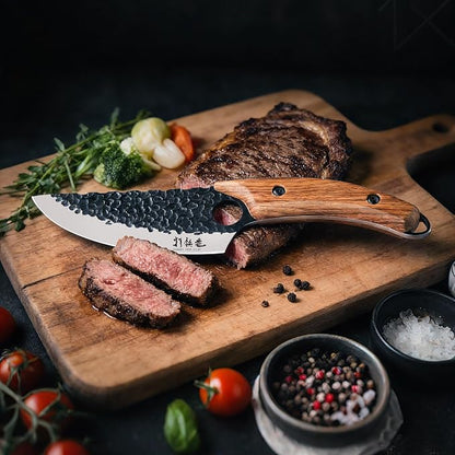 HAMMER IRON ALLEY Japanese Chef Knife, HIA 5.7 inch Sharp Kitchen Knife with Sheath, Hand Forged Butcher Viking Cleaver Knife for Meat Cutting, Home, Camping, BBQ, Black