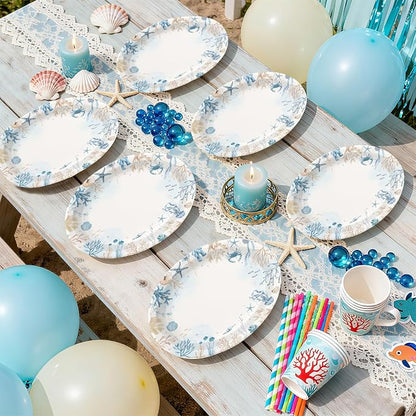 50Pcs Coastal Oval Paper Plates 10" x 12" Large Heavy Duty Ocean Sea Coral Starfish Seashell Party Plate for Summer Beach Hawaiian Under the Sea Wedding Birthday Holiday Dinner Party Decorations