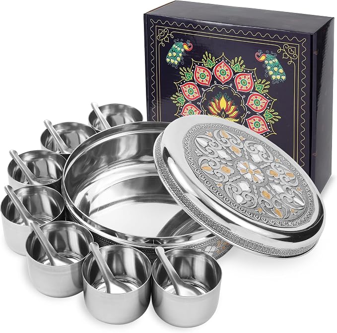 KSJONE Designer Spice Box, 7 Spice Jars, Holds 7 Spices, Steel Spice Container with 7 Spoons, Storage for Spices and dryfruits Indian Masala Dabba Gifts for Women, Mothers Day Gifts for Mom (7.3 Inch)