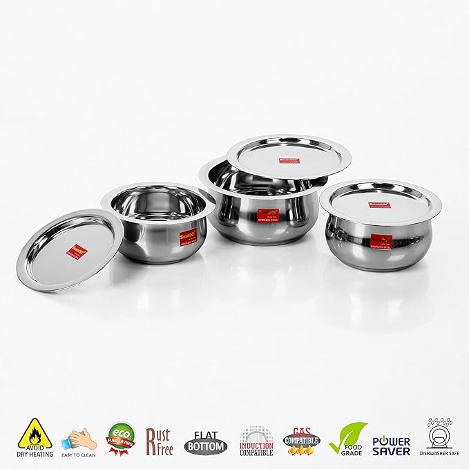 Sumeet Stainless Steel Cookware Set With Lid, 2.6, 3.3 L, 3 Piece (Steel), 3.3 liter
