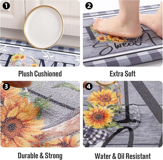 Carvapet Kitchen Floor Mats 2Pcs, Anti Fatigue Kitchen Rugs and Mats Farmhouse Plaid Home Non-Skid Cushioned Floor Comfort Mat for Kitchen, Doorway, Sink, Laundry, 17"x27"+17"x47"