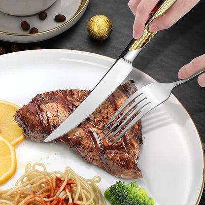 Lemeya Hammered 30-Pieces Silver Gold Silverware Set for 6 with Serrated Forging Knives, 18/10 Stainless Steel Modern Flatware Set, Unique Cutlery Set, Mirror Polished, Dishwasher Safe