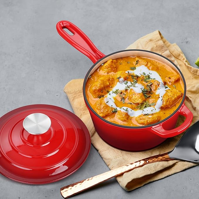 3 Quart Saucepan with Lid, Leonyo Enameled Cast Iron Sauce Pot, Large Enamel Cast Iron Dutch Oven Kitchen Cookware for All Cooktops Cooking Pasta, Soup, Milk - Up to 500°F & 8bs, Red