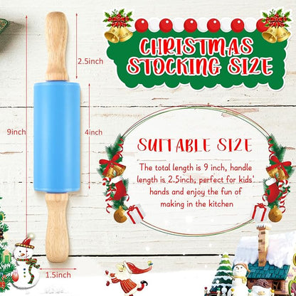 Thenshop 10 Pcs 9 Inch Mini Silicone Rolling Pins Kids with Wooden Handle, 5 Colors Non-stick Small Dough Roller for Kids, Home Kitchen Baking Supplies for Cookie Pastry Fondant Cake