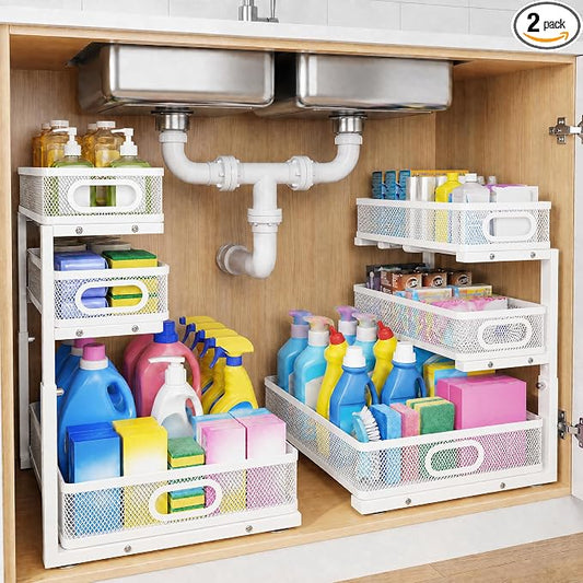 3-Tier Under Sink Organizer 2-Pack, Thickened Metal Pull out Cabinet Shelf, Height Adjustable Slide Out Drawer Storage Rack for Bathroom Kitchen Pantry Laundry Home Office Organization (White)