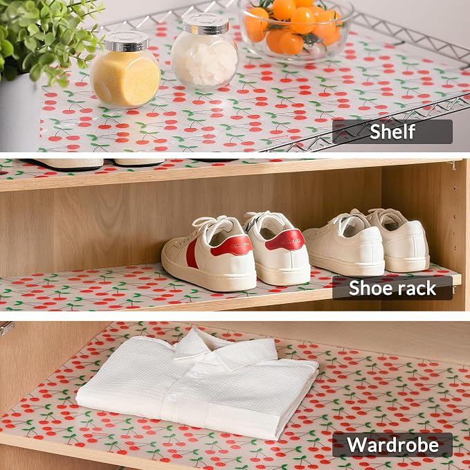 Cooyes Shelf Liner, Non-Adhesive Waterproof Shelf Paper with Fruit Pattern, Easy to Cut and Durable EVA Cabinet & Drawer Mat for Kitchen (17.5 Inch W x 78 Inch L, Red Cherry)