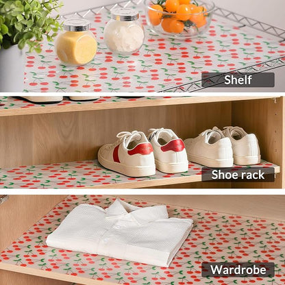 Cooyes Shelf Liner, Non-Adhesive Waterproof Shelf Paper with Fruit Pattern, Easy to Cut and Durable EVA Cabinet & Drawer Mat for Kitchen (17.5 Inch W x 240 Inch L, Red Cherry)