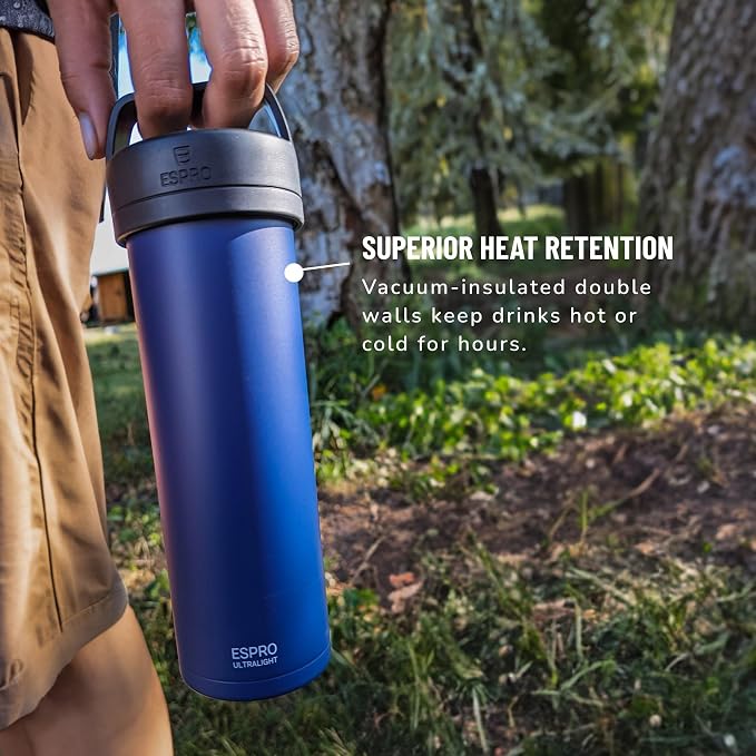 ESPRO Go P0 Ultralight French Press Coffee Maker for Travel, Vacuum Insulated Stainless Steel, 16 Ounces, Blue