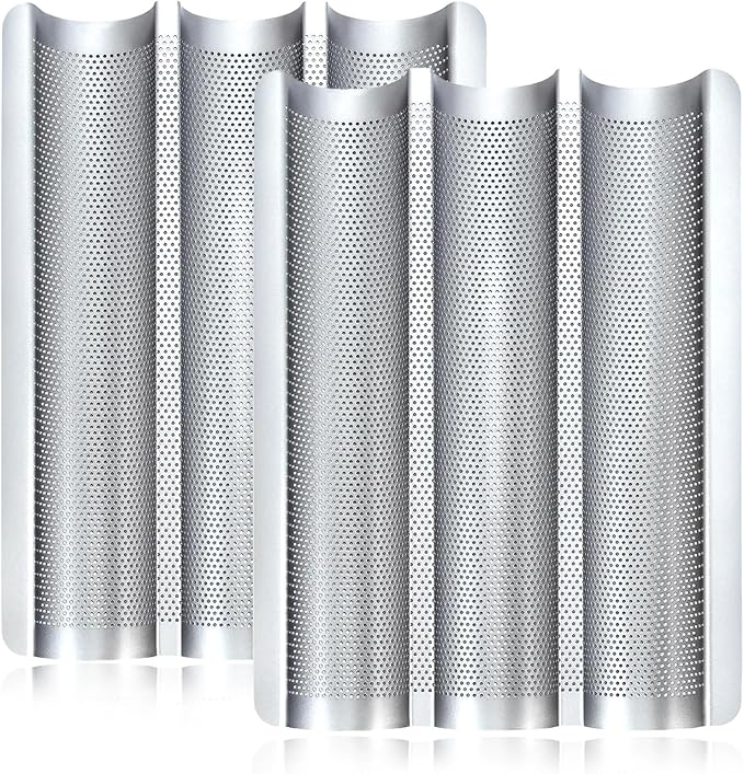 Baguette Pans for Baking 15" x 11", Carbon Steel 3 Loaf Nonstick Baguette Baking Tray for French & Italian Perforated French Bread Pan (2pack - Silver)