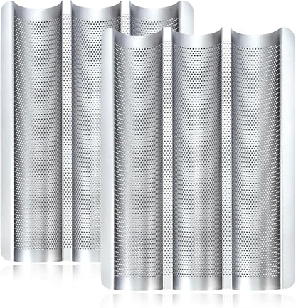 Baguette Pans for Baking 15" x 11", Carbon Steel 3 Loaf Nonstick Baguette Baking Tray for French & Italian Perforated French Bread Pan (2pack - Silver)