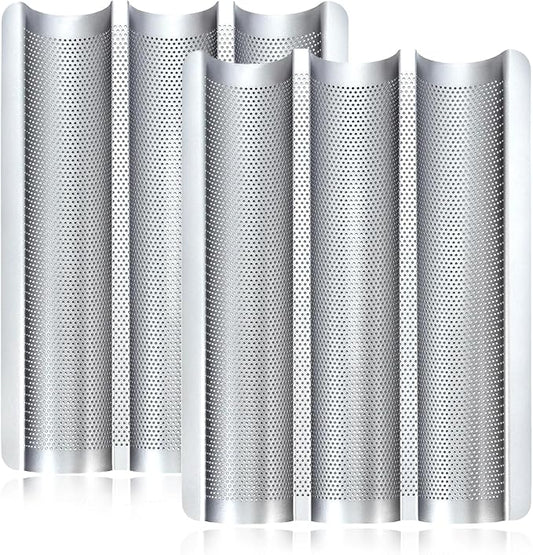 Baguette Pans for Baking 15" x 11", Carbon Steel 3 Loaf Nonstick Baguette Baking Tray for French & Italian Perforated French Bread Pan (2pack - Silver)
