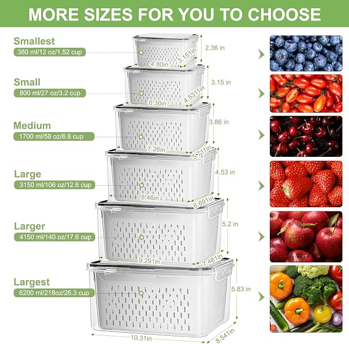 CAPHONT Fruit Containers for Fridge 6 Pcs 2-in-1 Large Fridge Food Storage Container Set with Lids with Strainer 6 Size Clear Vegetable Storage Containers Keep Fruits, Vegetables, Meat Fresh Longer