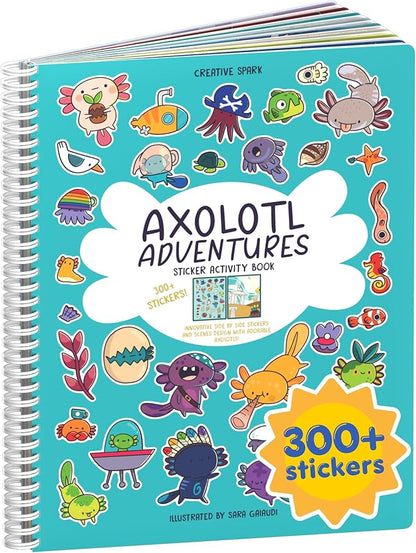 Axolotl 300+ Kids Sticker Book by Cupkin Toddler Airplane Travel Coloring and Sticker Book, Road Trip Essentials, 8 Coloring Pages 8 Side by Side Scenes for Ages 2–8 Years