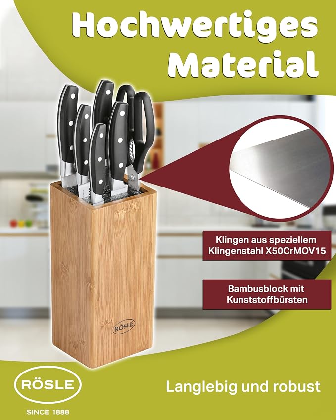 Rösle German Knife Set in Bamboo Block, 5-Piece Set plus Scissors