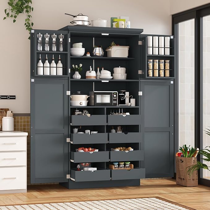 VilroCaz Freestanding Kitchen Pantry Tall Storage Cabinet, Wooden Kitchen Organizers with 4 Doors, 2 Door Shelves, 8 Pull-Out Trays and Adjustable Shelf for Dining Room Living Room (Gray-8.5)
