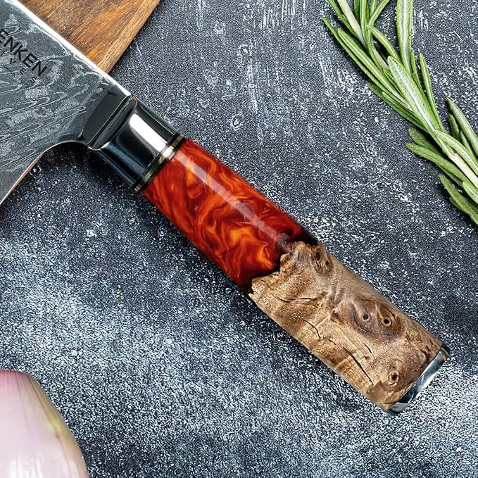 SENKEN Damascus Steel Chef's Knife - Tsunami Collection - 67-Layer Japanese VG10 Steel Core - Unique Blue Resin & Natural Wood Handle, Razor Sharp, Beautiful Damascus Wave Pattern (Red)